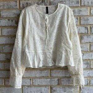 Mango MNG Long Sleeve Tie Round Neck Floral Embroidered Sheer Blouse Size 6